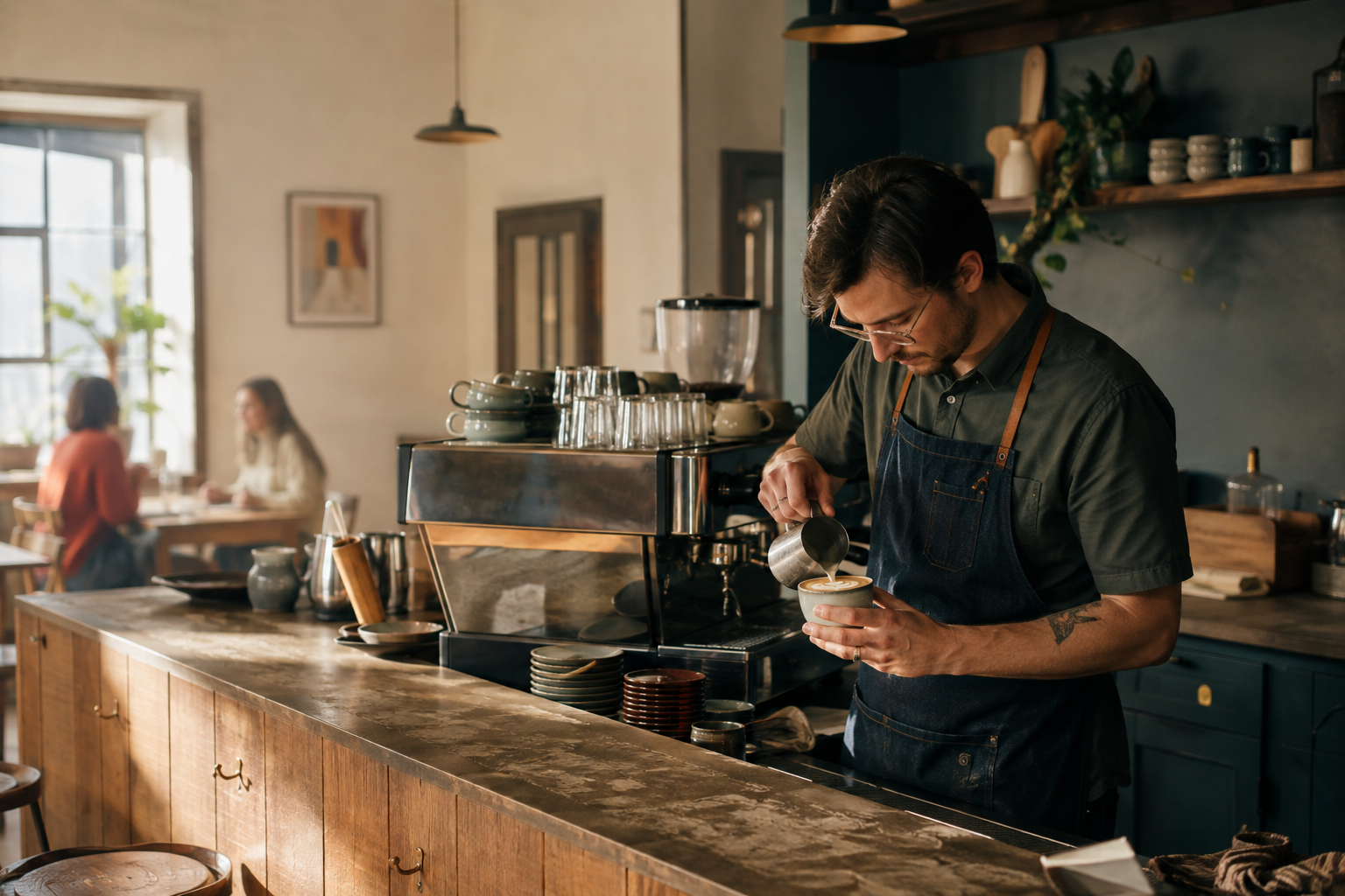 Independent coffee shop owner preparing a cappuccino in a warm neighborhood café